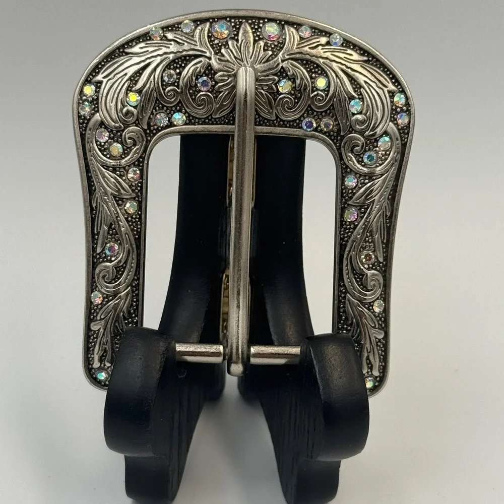 Western Floral Engraved Silver Tone Belt Buckle Iridescent Rhinestones‎